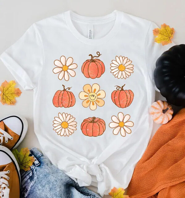 Flowers and Pumpkins Tshirt, Pumpkin Fall Tee, Cozy Fall Tshirt